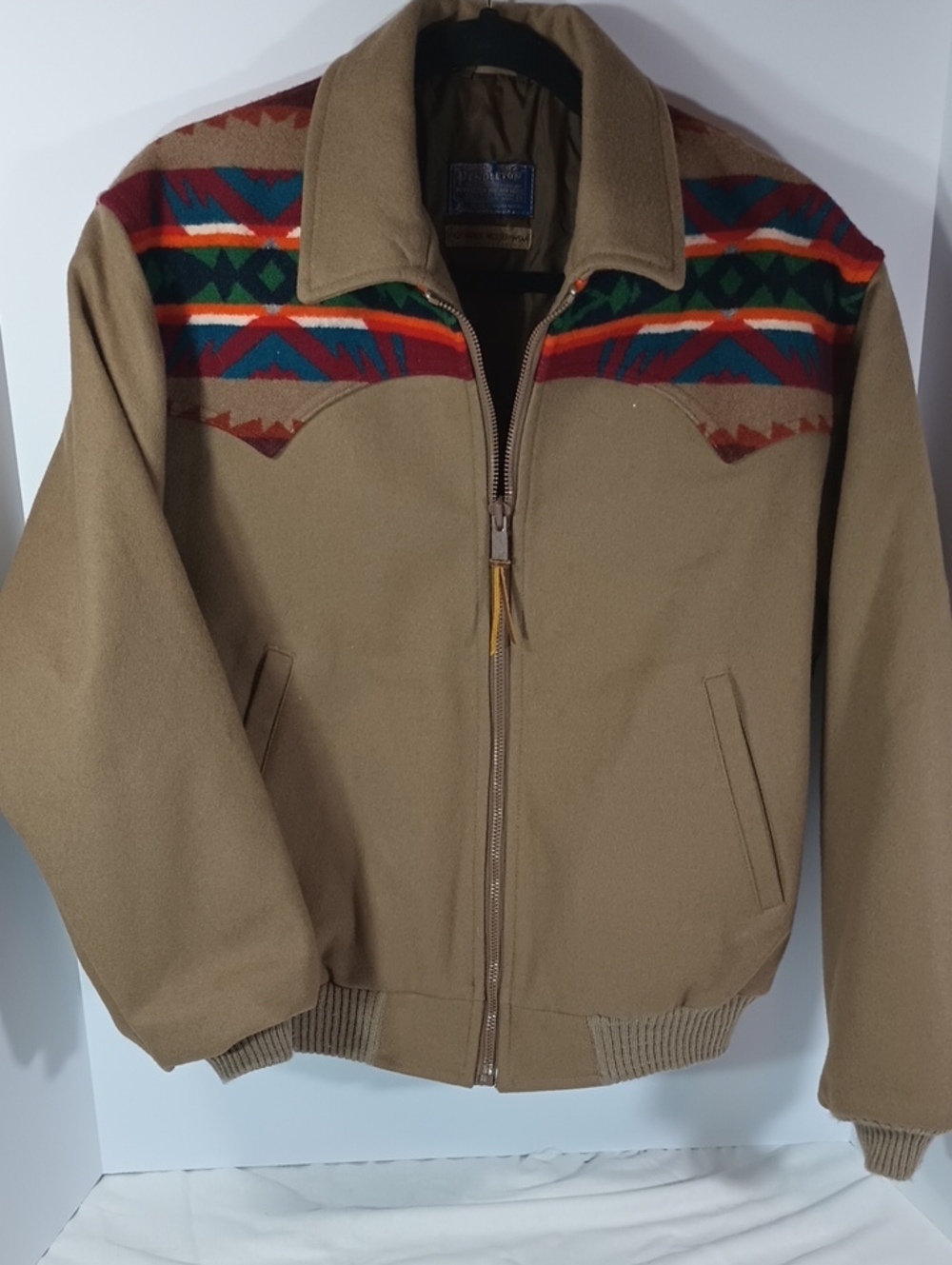 Pendleton Tan Wool Bomber Jacket with Southwestern Multicolor Yoke